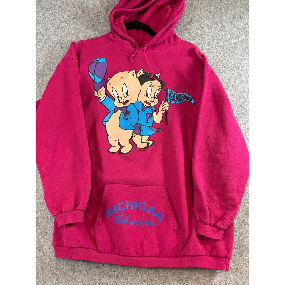 VTG 90s Michigan Wolverines Hoodie Unisex Pink Looney Tunes Sweatshirt NCAA XL
